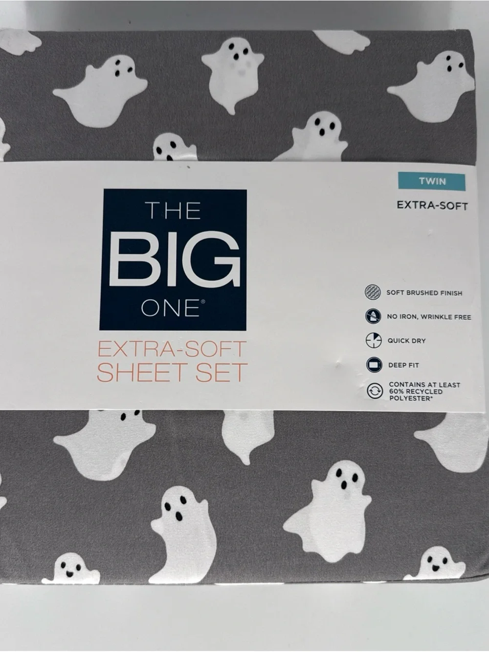 The Big One Halloween Ghosts Twin Sheet Set Gray White Extra Soft Deep Fit NWT